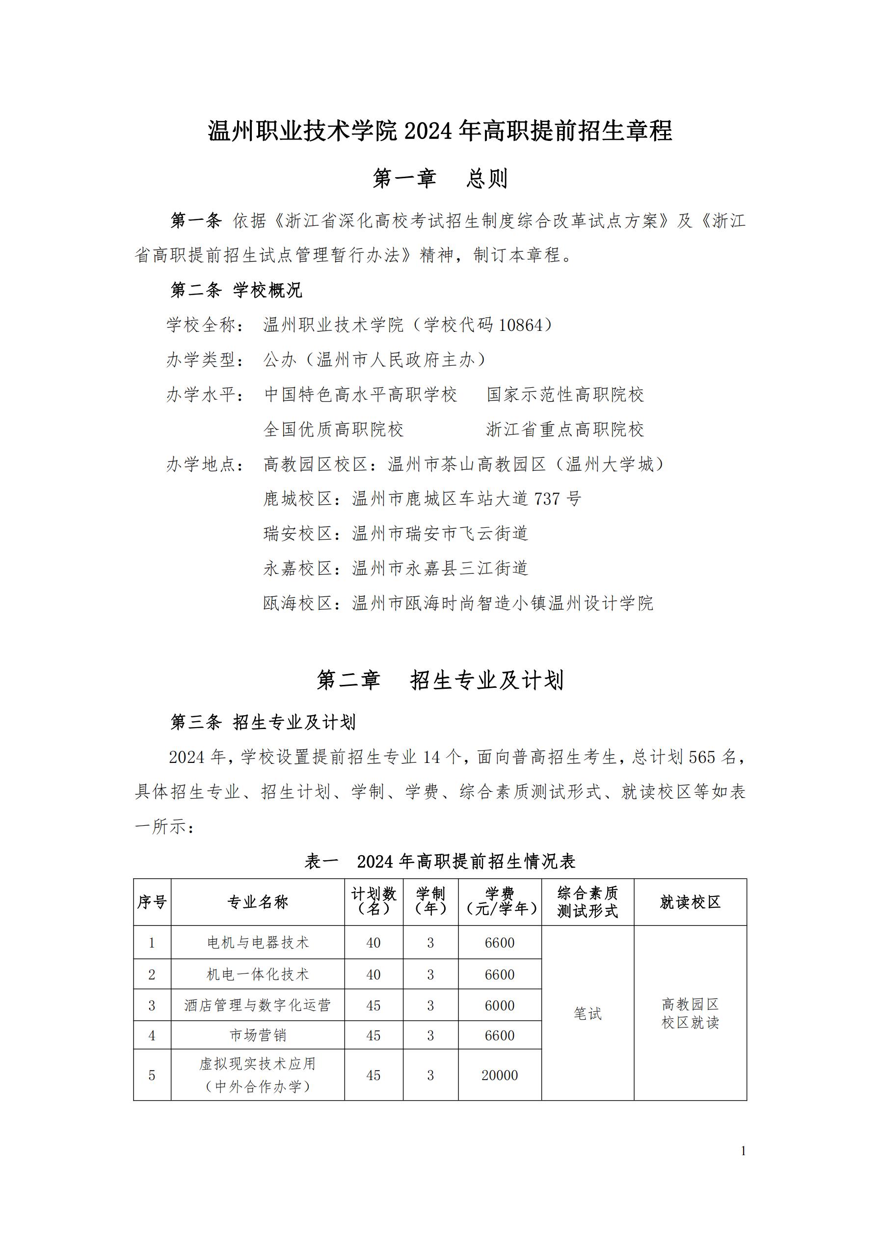 【招生章程】2024年温州职业技术学院丨高职提前招生章程